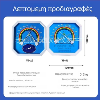 Οκταγωνικό επιτοίχιο όργανο θερμοκρασίας και υγρασίας με δείκτη, για οικιακή, εργαστηριακή, αποθηκευτική και εκτροφική χρήση