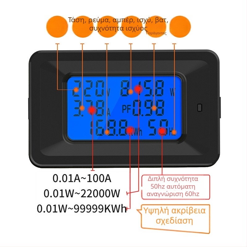 Μετρητής ενέργειας AC με LCD οθόνη, πολυλειτουργικός ψηφιακός παρακολουθητής ισχύος; μοντέλο P06s-20A/100A, 110–250V, 50/60Hz, μέγιστο 100A, ακρίβεια κατηγορίας I