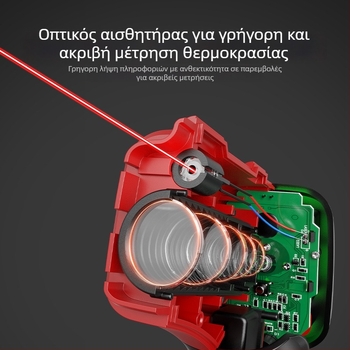 Υπέρυθρο θερμόμετρο χειρός, μη-επαφικό με λέιζερ στόχευσης, τροφοδοσία με δύο μπαταρίες AAA, χρόνος απόκρισης 500 ms, για βιομηχανική χρήση