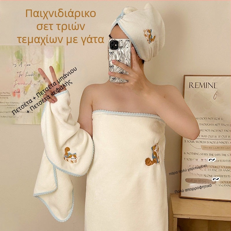 Κεφαλοδέσιμο από Coral Velvet για πετσέτα μαλλιών, με κέντημα, για μακριά μαλλιά, σχέδιο γατιού-αυτιών, 150D νήμα, 80–99 g