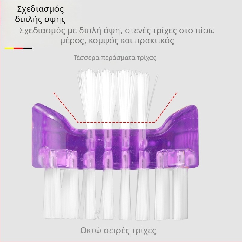 Διπλής όψεως πολυλειτουργική βούρτσα καθαρισμού σκόνης και νυχιών με διαφανή πλαστική κατασκευή; Υλικό βούρτσας: λευκή ίνα PP; επιλογές νημάτων: διαφανές PP, νάιλον