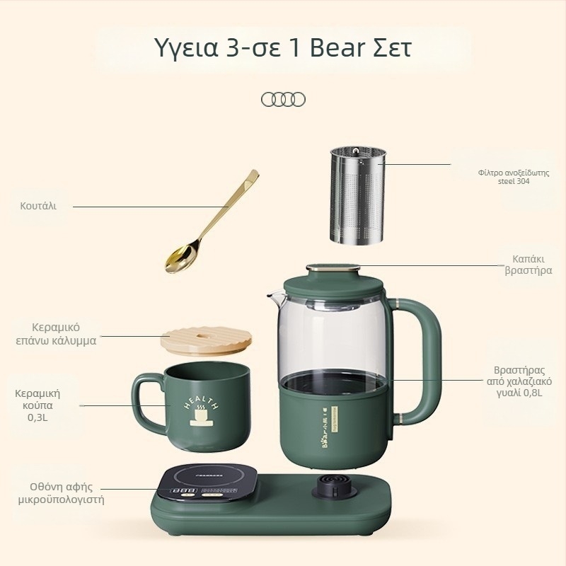 Ηλεκτρικός βραστήρας τσαγιού Teddy Bear YSH-D08E1, γυάλινο σώμα από υψηλό βοριοσιλικό γυαλί, χωρητικότητα έως 1 L, 220 V, 500–1000 W, ηλεκτρονικός θερμοστάτης, έλεγχος με μικροϋπολογιστή