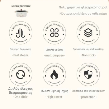 Πολυλειτουργική ηλεκτρική κατσαρόλα για οικιακή χρήση, χωρητικότητα 4,1–6 L, για 4–5 άτομα, εσωτερική δεξαμενή από ανοξείδωτο χάλυβα, έλεγχος με περιστροφικό διακόπτη, λειτουργίες grill και shabu-shabu