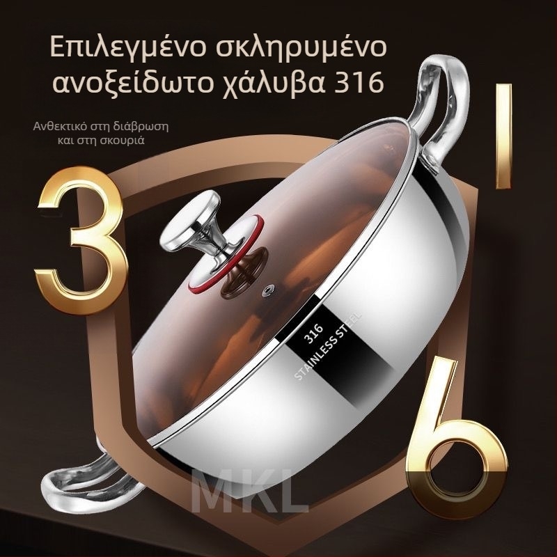 Cooking skills κατσαρόλα για σούπα από 316 ανοξείδωτο ατσάλι, με πολυστρωτό πυθμένα και γυάλινο καπάκι, συμβατή με εστίες όλων των ειδών, χωρητικότητα 4.1–6 L / 6.1–10 L / 10 L+