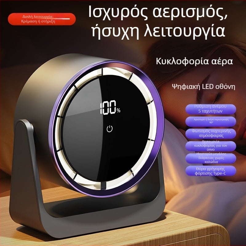 Bladeless USB γραφείου ανεμιστήρας με νυχτερινό φωτισμό, ενσωματωμένη μπαταρία 2000–4000 mAh, 5 ταχύτητες, ήσυχος κινητήρας brushless