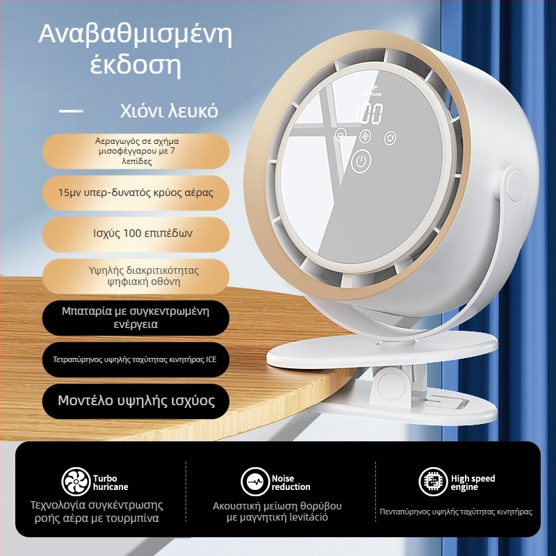 Ανεμιστήρας με κλιπ για γραφείο, έλεγχο αφής, ενσωματωμένη μπαταρία λιθίου (2000–4000 mAh), κινητήρας χωρίς ψήκτρες, 5 ταχύτητες, ψηφιακή οθόνη