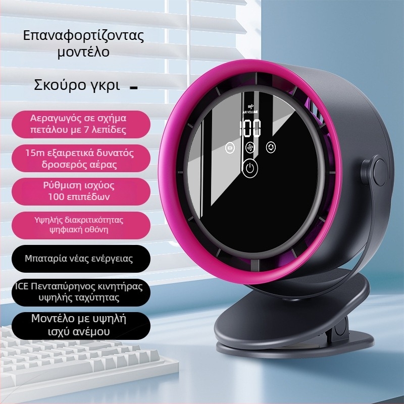 Ανεμιστήρας με κλιπ για γραφείο, έλεγχο αφής, ενσωματωμένη μπαταρία λιθίου (2000–4000 mAh), κινητήρας χωρίς ψήκτρες, 5 ταχύτητες, ψηφιακή οθόνη