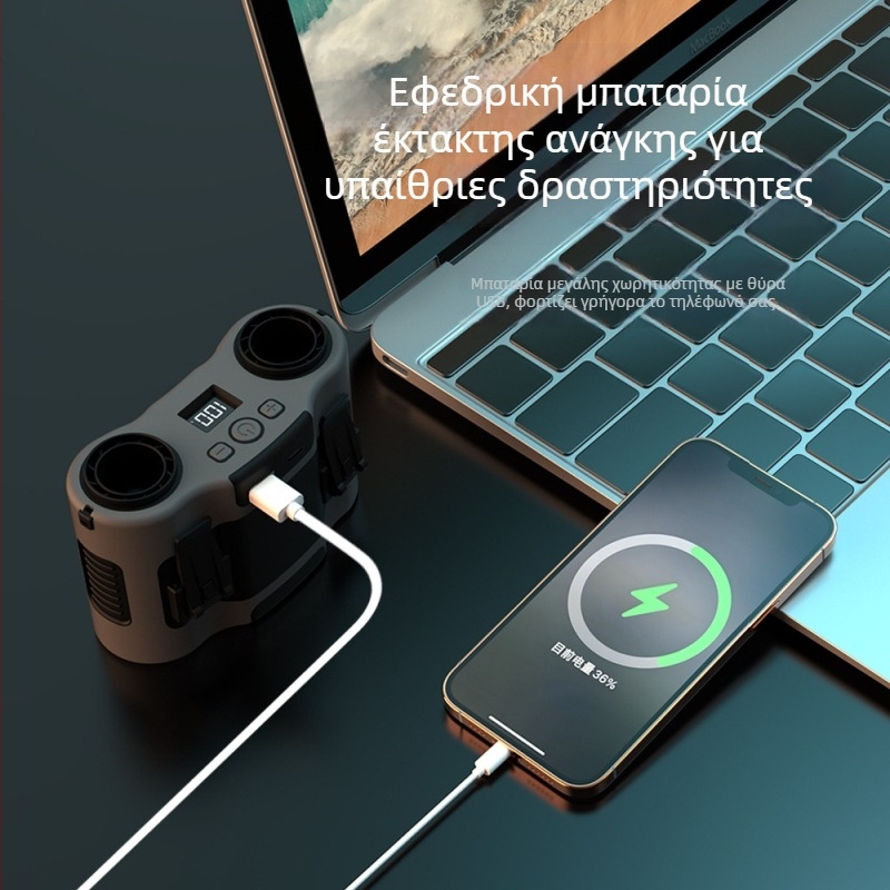 Ανεμιστήρας ζώνης με διπλό αεραγωγό — USB, ενσωματωμένη μπαταρία 6000mAh, φορητός, με μοτέρ χωρίς ψήκτρες