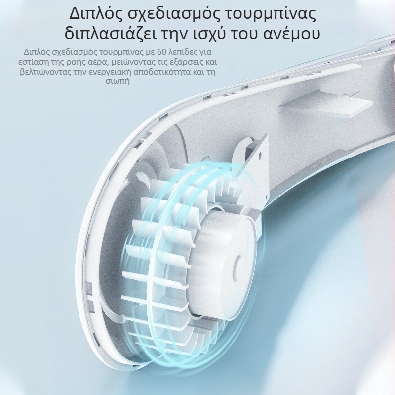 Ανεμιστήρας γύρω από τον λαιμό USB, 3 ταχύτητες, ήσυχη λειτουργία (36–45 dB), 3.7V 5W, αποσπώμενη μπαταρία 1200–2000 mAh