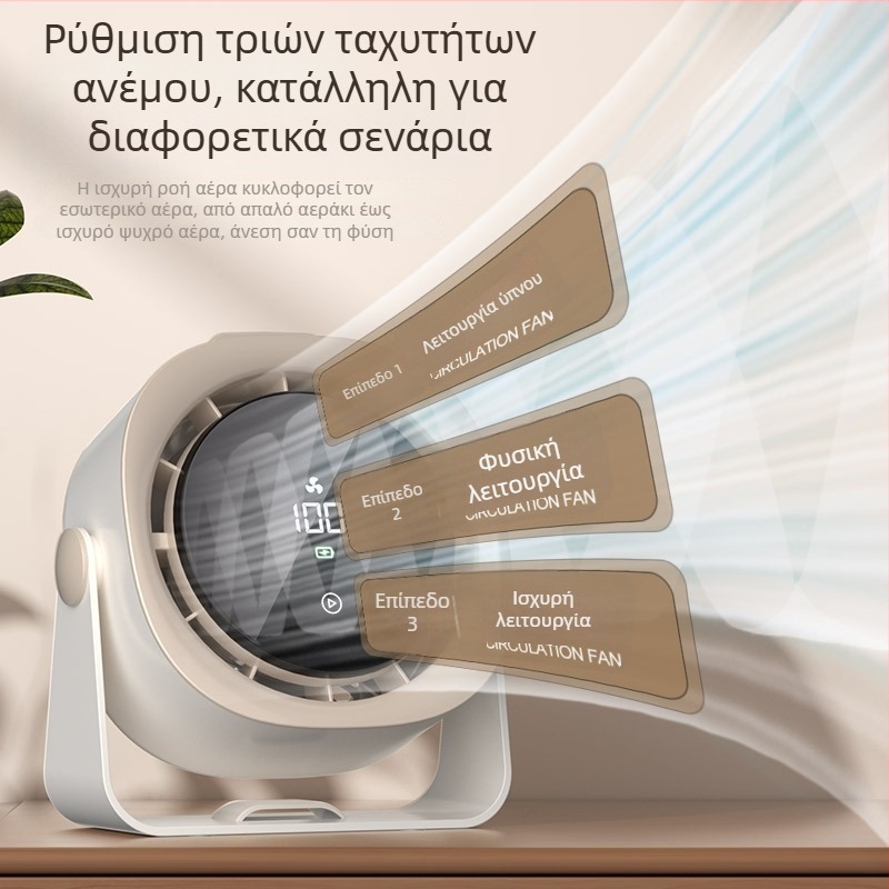 USB ανεμιστήρας χωρίς λεπίδες με LED οθόνη, έλεγχο αφής, επαναφορτιζόμενη μπαταρία 4000–6000 mAh, φορητός επιτραπέζιος ανεμιστήρας με 3 ταχύτητες