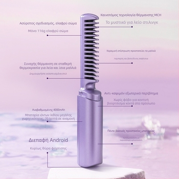 Ασύρματος χτένας ισιώματος με αρνητικά ιόντα, τουρμαλινό-κεραμική θέρμανση, 31 mm+ διαμέτρου, 15 επίπεδα ρύθμισης θερμοκρασίας