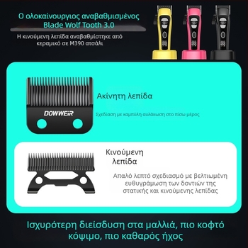 Κουρευτική μηχανή μαλλιών με εξωτερικό ρότορα κινητήρα, διπλή τροφοδοσία (φόρτιση/ρεύμα), λεπίδες από ανοξείδωτη ατσάλι, ενσωματωμένη μπαταρία 4000–6000 mAh, θόρυβος 46–70 dB