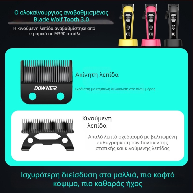 Κουρευτική μηχανή μαλλιών με εξωτερικό ρότορα κινητήρα, διπλή τροφοδοσία (φόρτιση/ρεύμα), λεπίδες από ανοξείδωτη ατσάλι, ενσωματωμένη μπαταρία 4000–6000 mAh, θόρυβος 46–70 dB