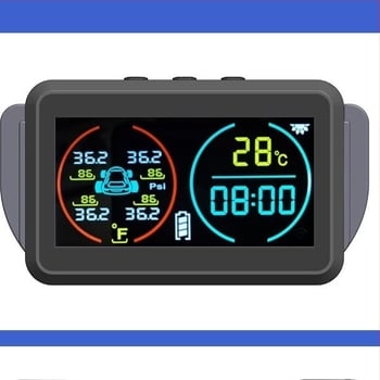 Νέος TPMS μετρητής πίεσης ελαστικών με οθόνη ώρας και θερμοκρασίας, ασύρματος ηλιακός αισθητήρας αυτοκινήτου