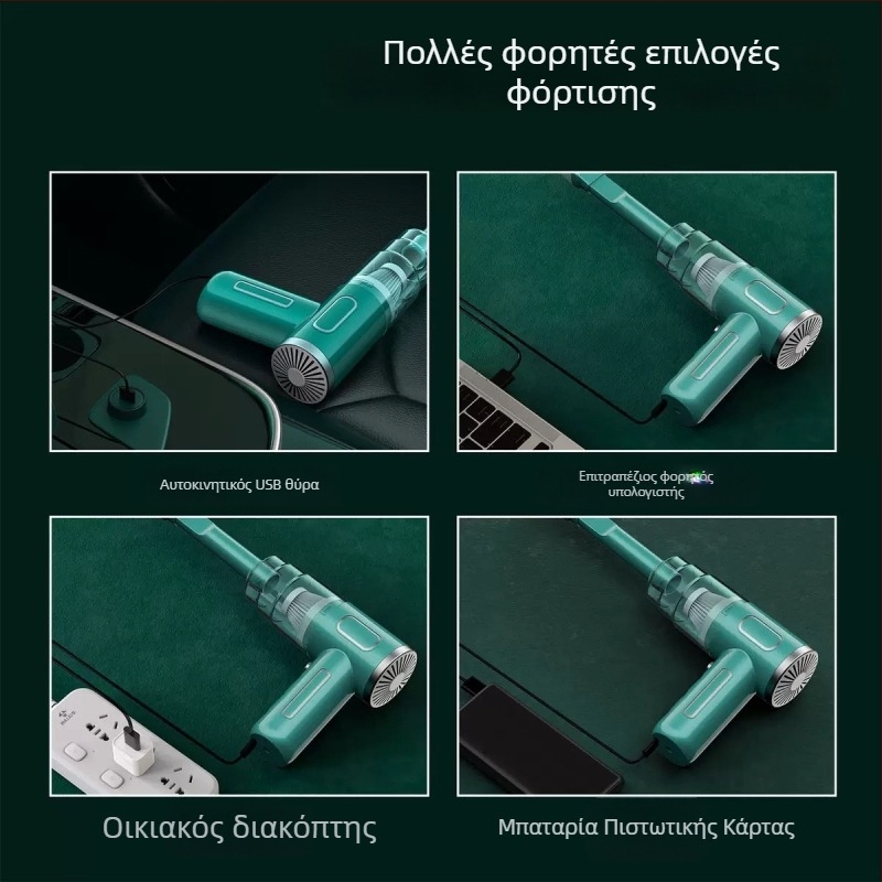 Χειροκίνητος ηλεκτρικός σκούπας αυτοκινήτου με ασύρματη φόρτιση, κατάλληλη για αυτοκίνητο και οικιακή χρήση, υψηλή αναρρόφηση, φορητός, συμπαγής (65W; αναρρόφηση 2100–3000 Pa; ενσωματωμένη μπαταρία 1600–2000 mAh; αυτονομία 1–3 h)