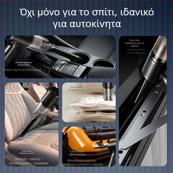 Χειροκίνητη ασύρματη σκούπα αυτοκινήτου – πολυλειτουργική, με αναρρόφηση και φυση; Μέγιστη ισχύς 35W, τάση 3.7V, επαναφορτιζόμενη, περίπου 5 λεπτά ζωής μπαταρίας, HEPA φίλτρο