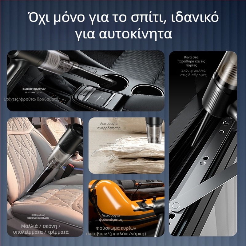 Χειροκίνητη ασύρματη σκούπα αυτοκινήτου – πολυλειτουργική, με αναρρόφηση και φυση; Μέγιστη ισχύς 35W, τάση 3.7V, επαναφορτιζόμενη, περίπου 5 λεπτά ζωής μπαταρίας, HEPA φίλτρο