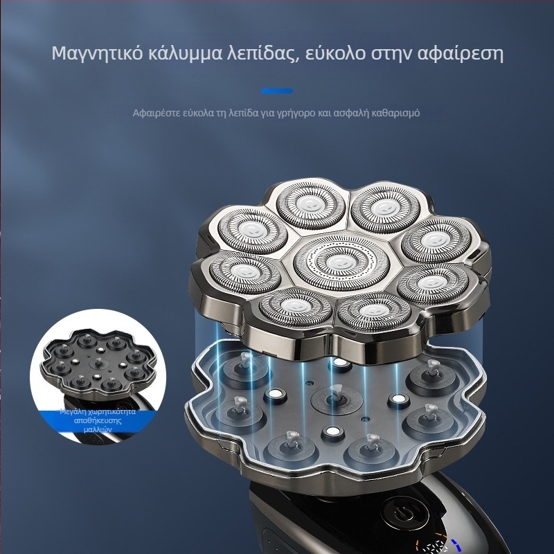 Ηλεκτρική μηχανή για ξύρισμα κεφαλής, αδιάβροχη, με περιστρεφόμενη κεφαλή εννέα λεπίδων, επαναφορτιζόμενη, για τέλειο ξύρισμα κεφαλής