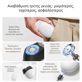 Aux Μίνι Φορητή Ηλεκτρική Ξυριστική Μηχανή για Άνδρες με Περιστρεφόμενη Κεφαλή και Δύο Λεπίδες