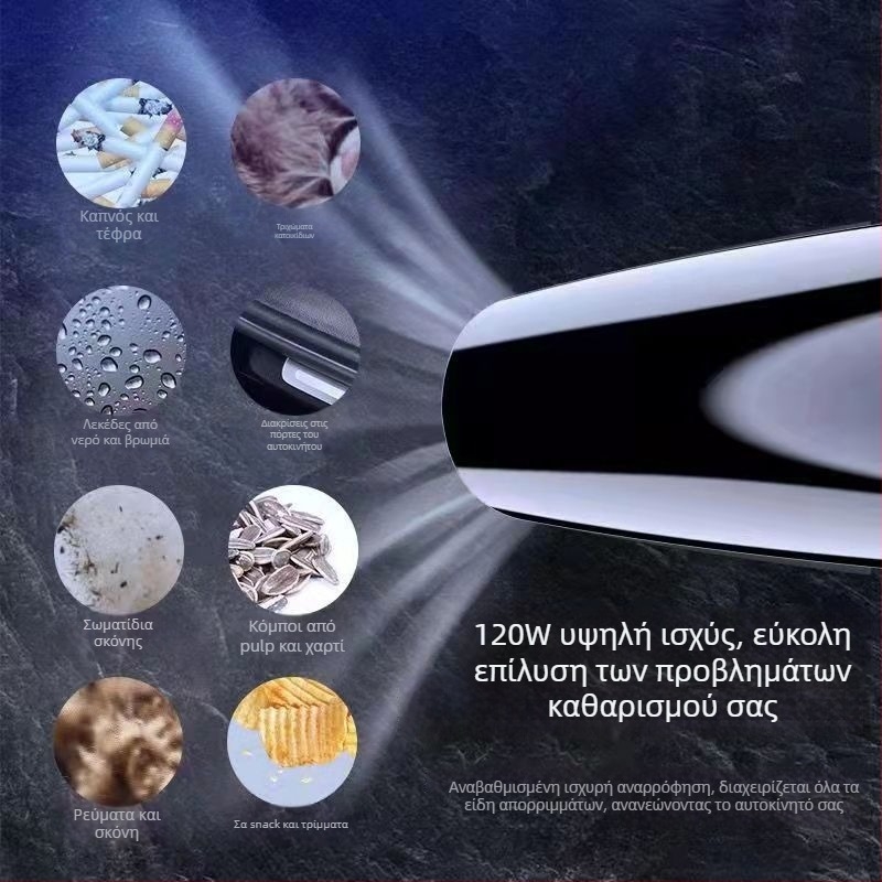 Φορητός ασύρματος καθαριστής αυτοκινήτου - Χειροκίνητος, επαναφορτιζόμενος, 12V, 120W, 5500Pa, διπλής χρήσης αυτοκίνητο και σπίτι