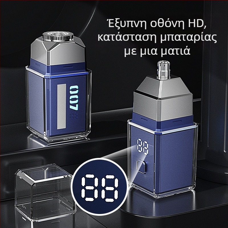 Ηλεκτρική ξυριστική μηχανή με κεφαλή περιστροφικού τύπου τεσσάρων λεπίδων, αδιάβροχη για ολόκληρο το σώμα, με LED οθόνη, επαναφορτιζόμενη ενσωματωμένη μπαταρία 300–500 mAh· έως 60 ημέρες ζωής της μπαταρίας και 60+ λεπτά αυτονομίας