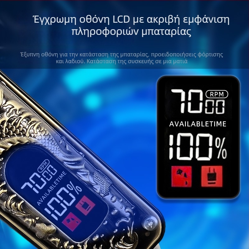 Σετ κοπής μαλλιών με επαναφορτιζόμενο κινητήρα με βουρτσες, αλουμινένιο περίβλημα, ενσωματωμένη μπαταρία 1000–1200 mAh, αυτονομία 1–3 ώρες, χαμηλός θόρυβος.