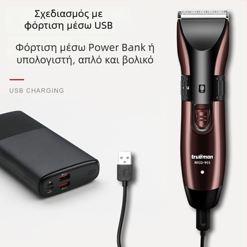 Real Man 955 Ηλεκτρική Κουρευτική Μηχανή Μαλλιών με Brushless Κινητήρα, Λεπίδες από Ανοξείδωτο Ατσάλι, Επαναφορτιζόμενη Μπαταρία, Αδιάβροχη, Χαμηλός Θόρυβος