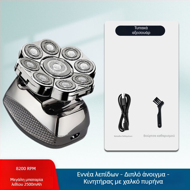 Ηλεκτρικό ξυριστικό για φαλακρό κεφάλι, διάρκεια μπαταρίας 60+ λεπτών, διπλή τροφοδοσία (φόρτιση/ρεύμα), μοτέρ με βούρτσες, μπαταρία 6000 mAh+ αντικαταστάσιμη