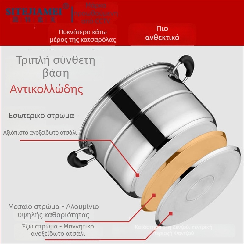 Ανοξείδωτη ατμομάγειρα τριών επιπέδων με ενισχυμένο κάτω μέρος, αντικολλητική επιφάνεια, κάλυμμα από ανοξείδωτο ατσάλι, συμβατή με όλες τις εστίες