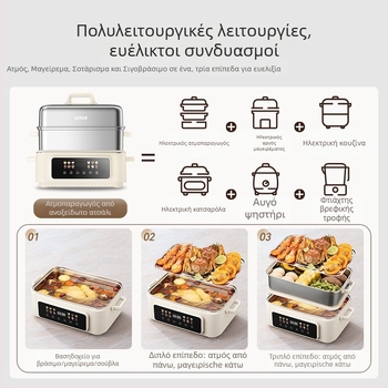 Ηλεκτρικός ατμομάγειρας με τρία επίπεδα, χωρητικότητα άνω των 10 λίτρων, εσωτερική επένδυση από 304 ανοξείδωτο χάλυβα, έλεγχος με μικροϋπολογιστή, ισχύς 1500W στα 220V/50Hz