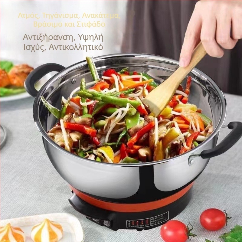 Ηλεκτρική κατσαρόλα με ατμομάγειρα, ανοξείδωτο σώμα, χωρητικότητα 5–6 L, ισχύς 500–2100 W, έλεγχος με κουμπί, προστασία από ξηρό βρασμό