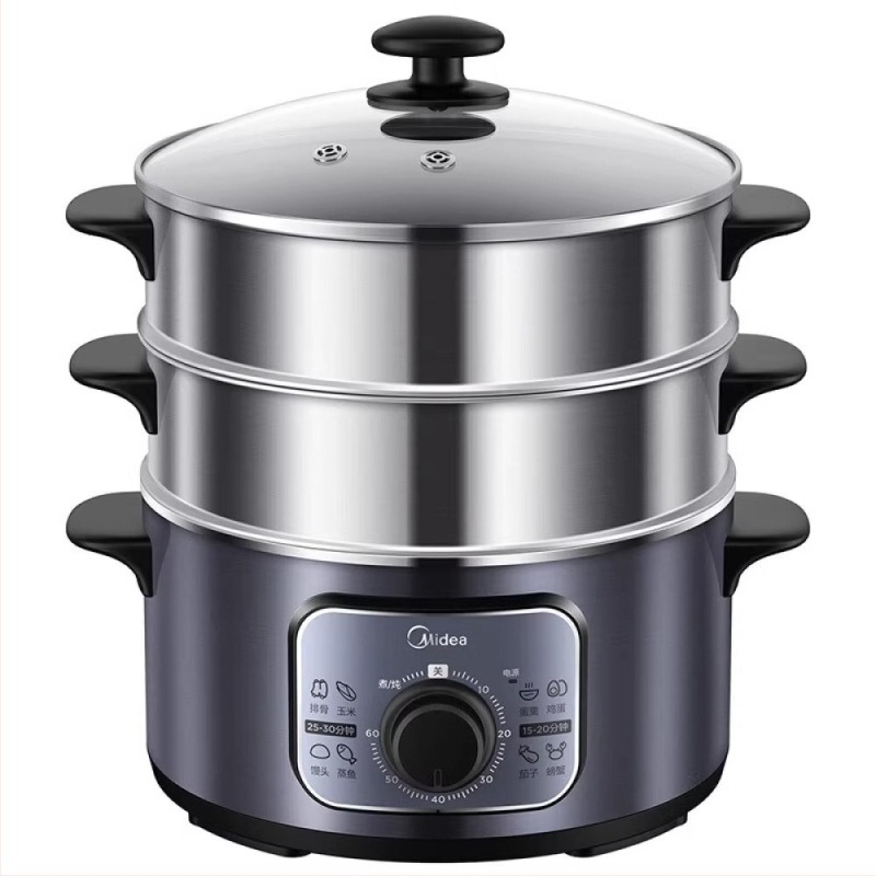 Ηλεκτρικός ατμομάγειρας με δύο επίπεδα, χωρητικότητα άνω των 10 λίτρων, ισχύς 1300W, 220V, λειτουργία γρήγορου ατμού.