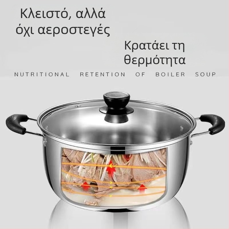 HX-022 Τεντζέρα ατμού από ανοξείδωτο 201, με μονό πάτο και γυάλινο καπάκι, κατάλληλη για φούρνο γκαζιού και επαγωγή