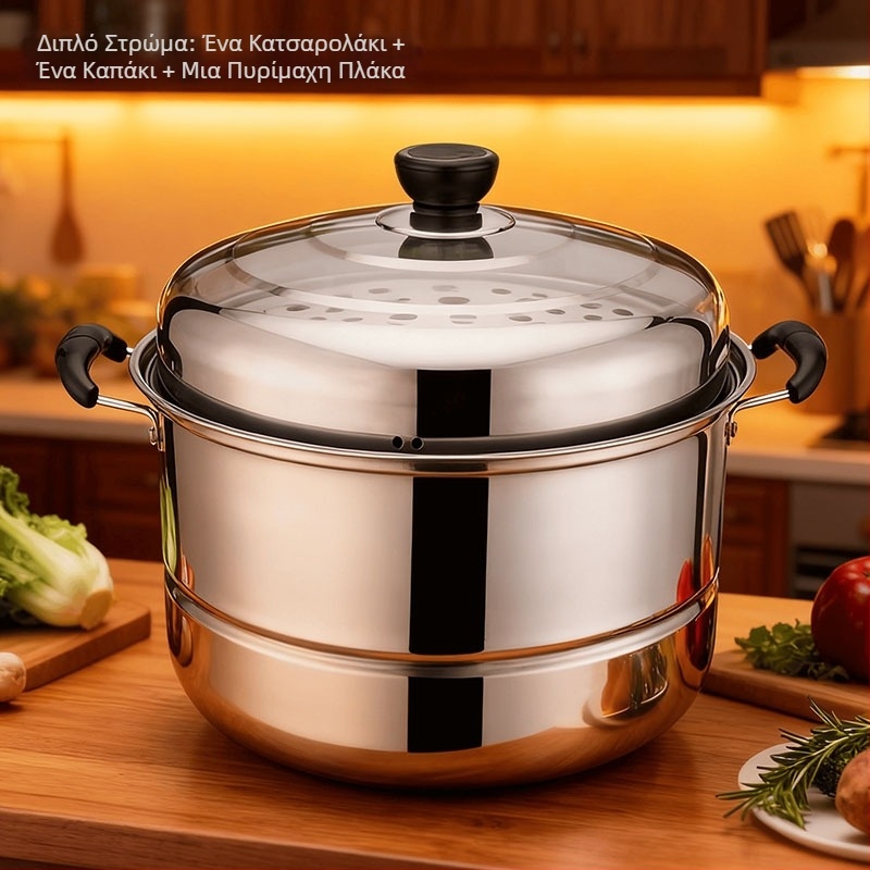 Ατμομάγειρο από ανοξείδωτο ατσάλι με πολυεπίπεδη κατασκευή (δύο- και τριών επιπέδων), συμβατό με επαγωγή, καπάκι από ανοξείδωτο ατσάλι