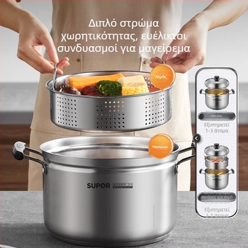 Κατσαρόλα ατμού από ανοξείδωτο 304, πυθμένας τριών στρώσεων, καπάκι από ανοξείδωτο χάλυβα με θερμικό γυαλί, συμβατή με φλόγα και επαγωγή