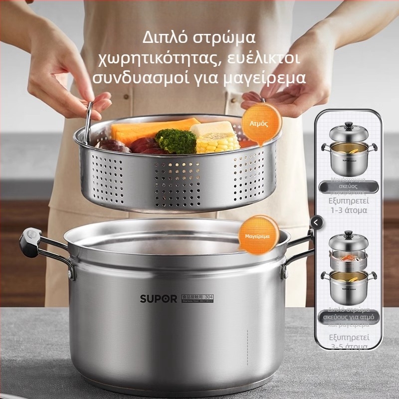 Κατσαρόλα ατμού από ανοξείδωτο 304, πυθμένας τριών στρώσεων, καπάκι από ανοξείδωτο χάλυβα με θερμικό γυαλί, συμβατή με φλόγα και επαγωγή