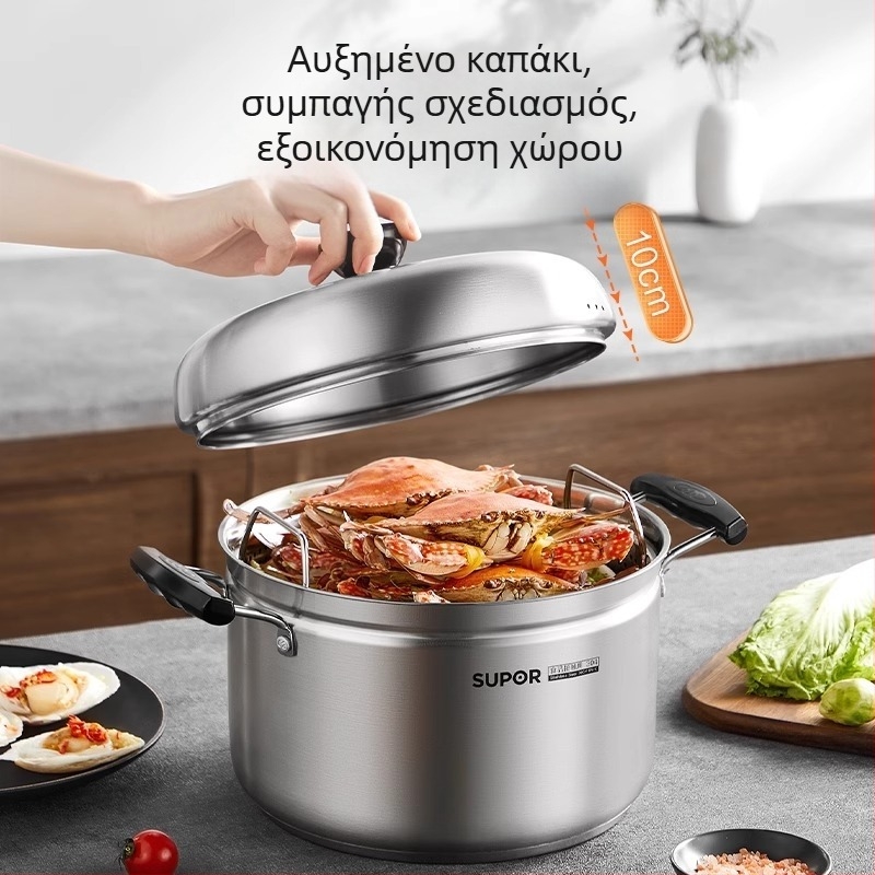 Κατσαρόλα ατμού από ανοξείδωτο 304, πυθμένας τριών στρώσεων, καπάκι από ανοξείδωτο χάλυβα με θερμικό γυαλί, συμβατή με φλόγα και επαγωγή