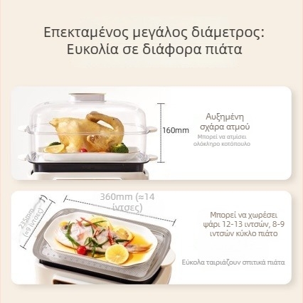 Ηλεκτρικός ατμομάγειρας με εσωτερικό δοχείο από τιτάνιο κράμα, αποσπώμενο και πλένεται, χωρητικότητα άνω των 10 L, σύστημα ατμού με πάνω από 3 επιπέδων, θερμαίνεται σε λιγότερο από 4 λεπτά