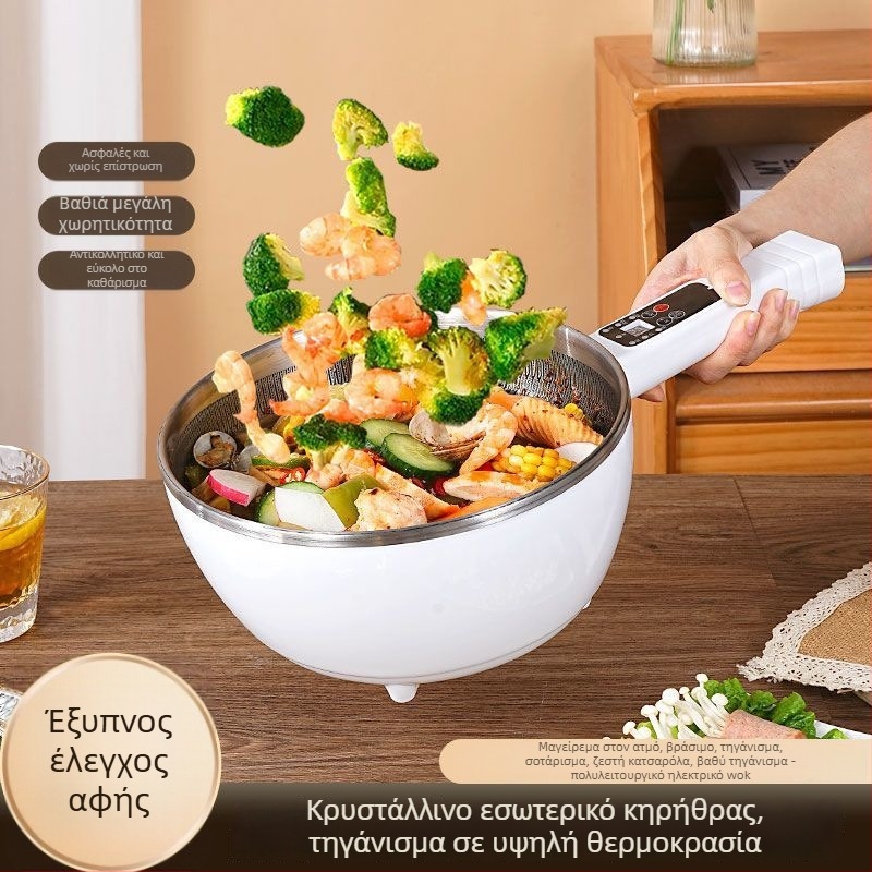 Πολυλειτουργικός ηλεκτρικός γουόκ και κατσαρόλα – όλα σε ένα, με οθόνη LCD, χωρητικότητα 4–5 L, ισχύς 1000–1350 W, εσωτερικός κάδος από κράμα αλουμινίου με αντικολλητική επίστρωση, ατμός, τηγάνισμα, βράσιμο και σιγοβράσιμο.