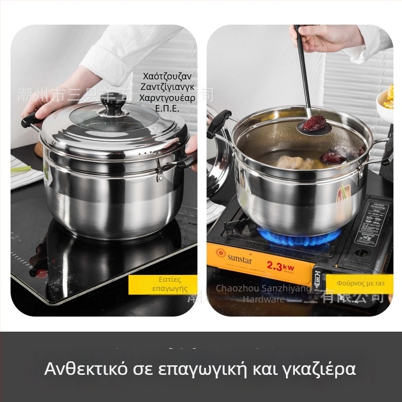 Τεντζέρα ατμού με γυάλινο καπάκι – Ανοξείδωτος χάλυβας 201, με έναν πάτο, συμβατή με όλες τις εστίες