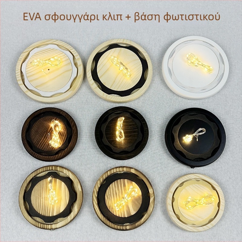 Φωτιζόμενο διακοσμητικό με βάση από πεύκο, γυάλινο θόλο, αιώνιο άνθος και LED φωτάκια σε σειρά
