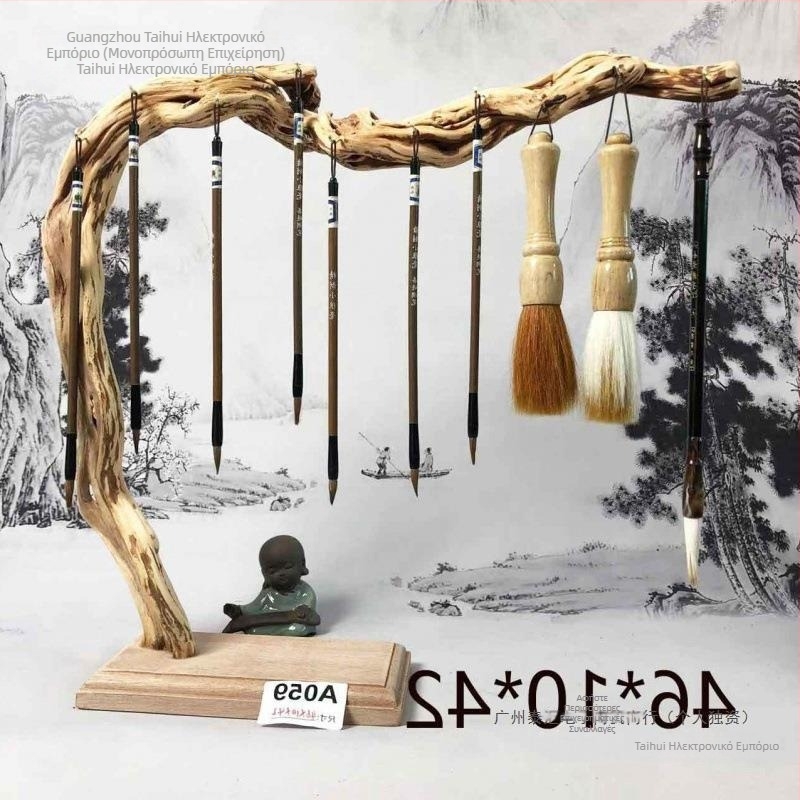 Ξύλινο ράφι για πινέλα και στυλό, κινεζικού στυλ, με μοτίβο ρίζας και απλό σχέδιο, κρεμαστό τοίχου