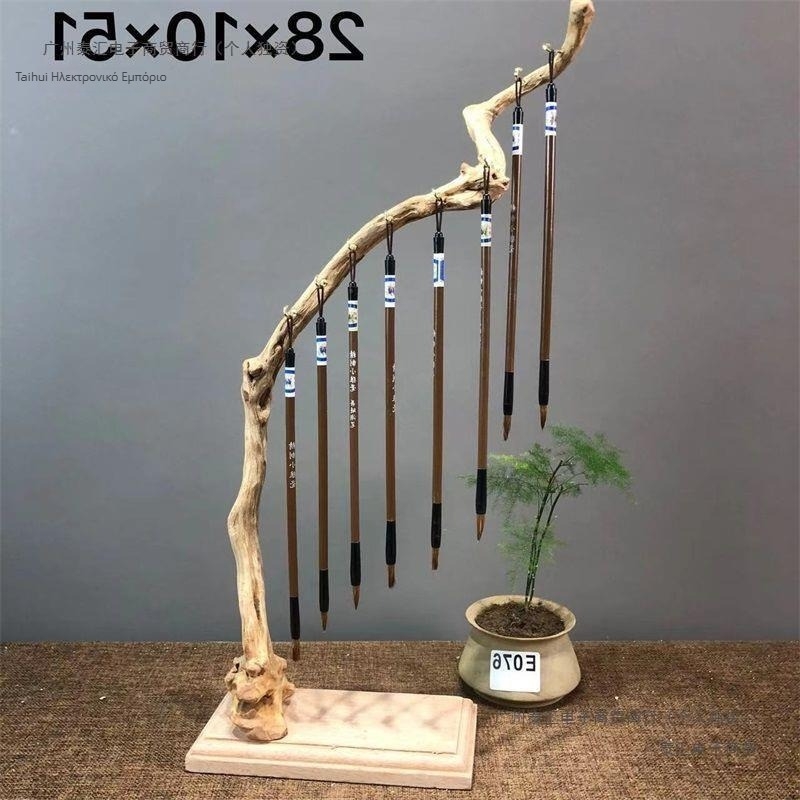 Ξύλινο ράφι για πινέλα και στυλό, κινεζικού στυλ, με μοτίβο ρίζας και απλό σχέδιο, κρεμαστό τοίχου