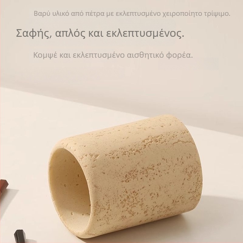 Δοχείο στυλό από τραβερτίνιο – στρογγυλός επιτραπέζιος οργανωτής για μινιμαλιστικό, πολυτελές γραφείο