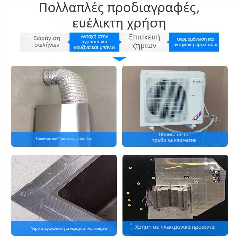 Ταινία από ίνες γυαλιού με αλουμινόφυλλο, θερμοανθεκτική αυτοκόλλητη σφράγιση για σωληνώσεις εξάτμισης κουζίνας και κλιματισμού; αδιάβροχη και σχίσιμο‑ανθεκτική ταινία επισκευής με UV προστασία