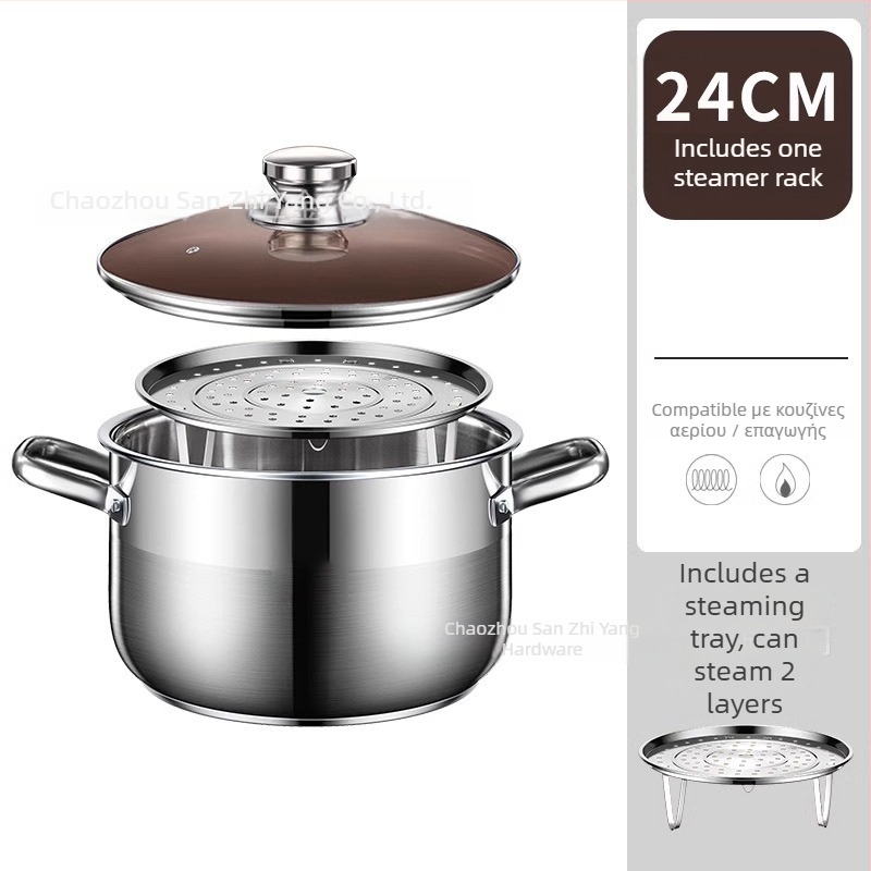 Κατσαρόλα ατμού με δύο επίπεδα από 201 ανοξείδωτο χάλυβα, με ενσωματωμένο καλάθι ατμού, γυάλινο καπάκι, πάτος πολλαπλών στρώσεων, συμβατή με επαγωγική εστία και γκάζι