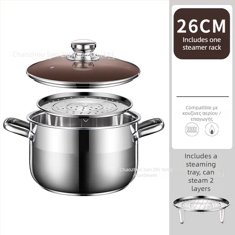 Κατσαρόλα ατμού με δύο επίπεδα από 201 ανοξείδωτο χάλυβα, με ενσωματωμένο καλάθι ατμού, γυάλινο καπάκι, πάτος πολλαπλών στρώσεων, συμβατή με επαγωγική εστία και γκάζι