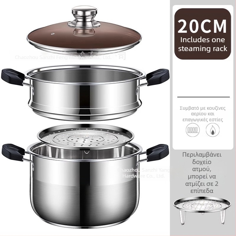 Κατσαρόλα ατμού με δύο επίπεδα από 201 ανοξείδωτο χάλυβα, με ενσωματωμένο καλάθι ατμού, γυάλινο καπάκι, πάτος πολλαπλών στρώσεων, συμβατή με επαγωγική εστία και γκάζι