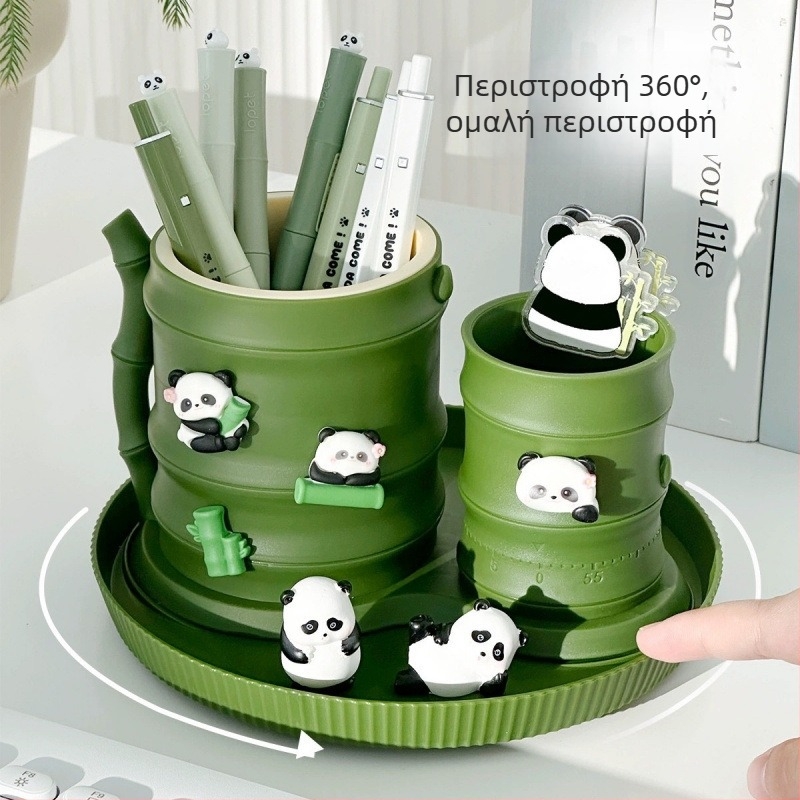 Δοχείο για στυλό Panda Bamboo με περιστροφή 360° για γραφείο - τριγωνικός πλαστικός οργανωτής