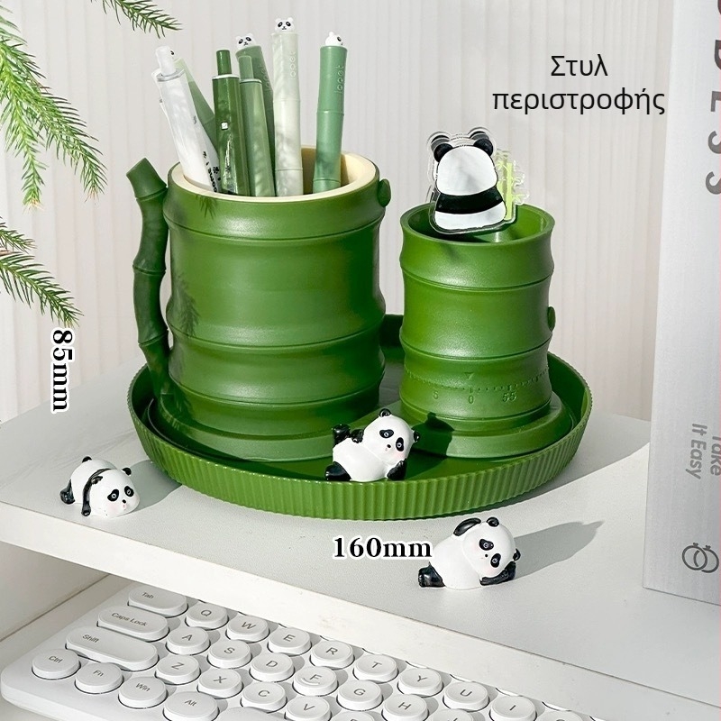 Δοχείο για στυλό Panda Bamboo με περιστροφή 360° για γραφείο - τριγωνικός πλαστικός οργανωτής